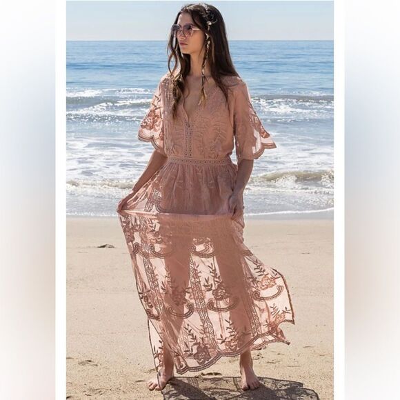 POL Crochet‎ Lace Plunging Neckline Side Slit Romper/Maxi Dress -- S/M - Picture 1 of 16